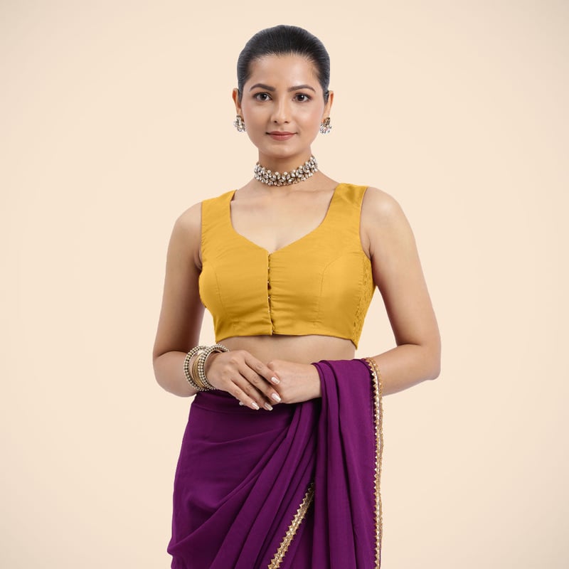 Marigold Yellow Sleeveless V-Neck Front Open Saree Blouse
