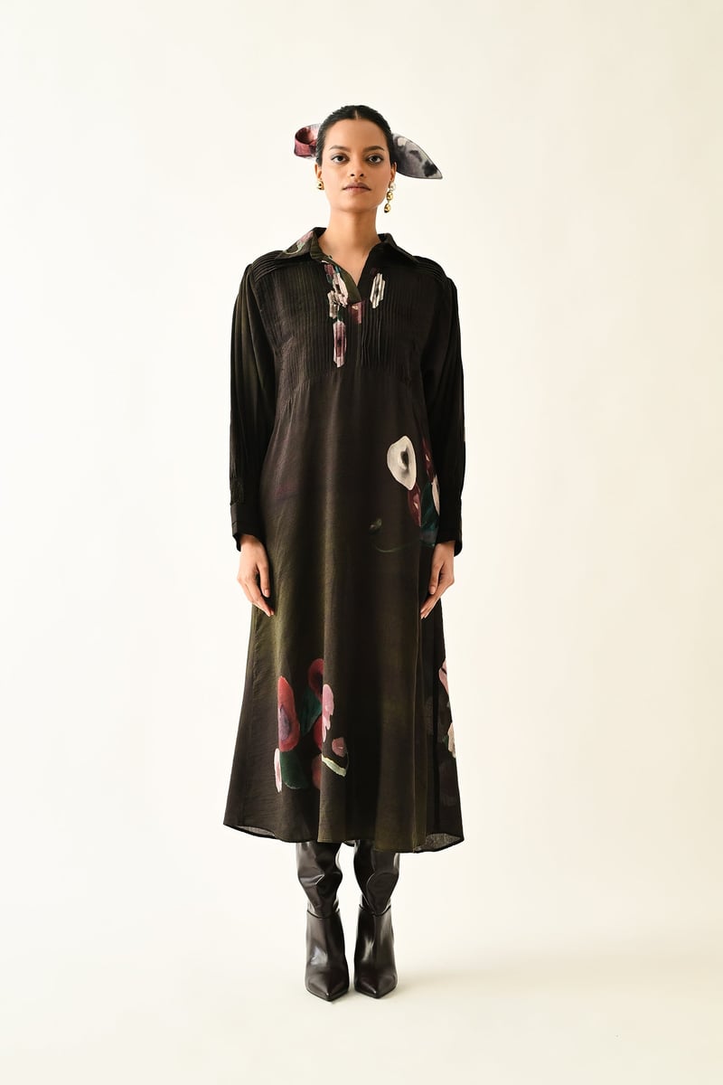 Brown Abstract Floral A-Line Midi Shirt Dress