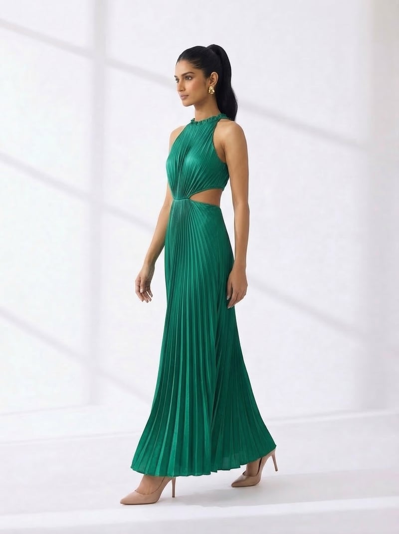 Green Halter-Neck Pleated Cut-Out Maxi Gown