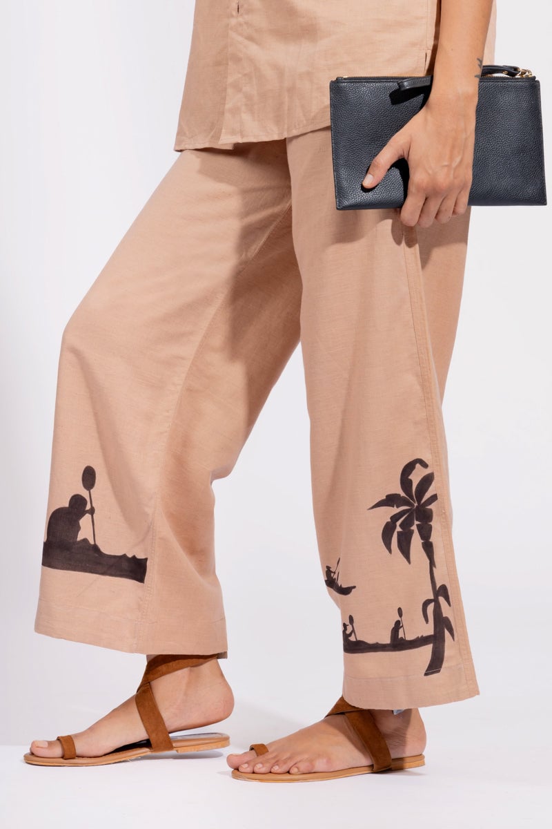 Beige Cotton-Linen Wide-Leg Trousers with Hand-Painted Motif