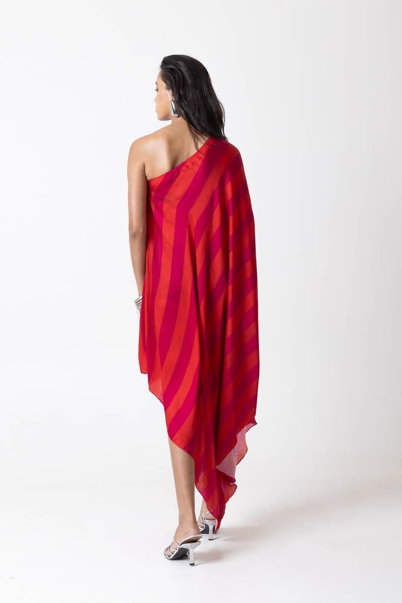 Orange/Pink One-Shoulder Asymmetrical Midi Dress
