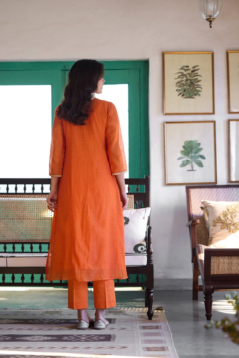 Orange Silk Chanderi Embroidered A-Line Kurta Set
