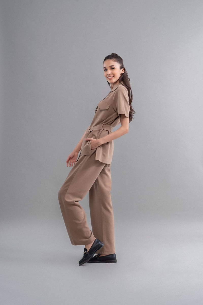 Brown Mini Waffle Straight-Leg Pull-On Pants