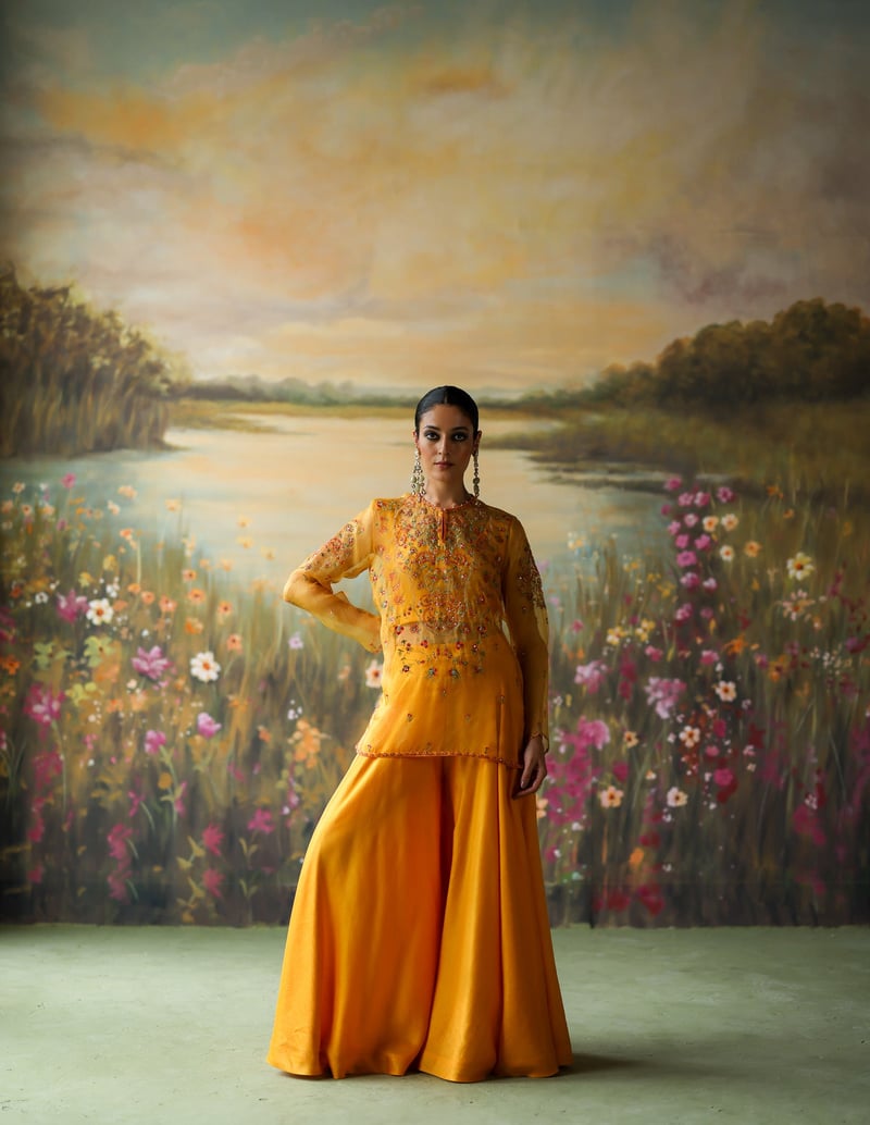 Turmeric Yellow Embroidered Organza Kurta Sharara Set