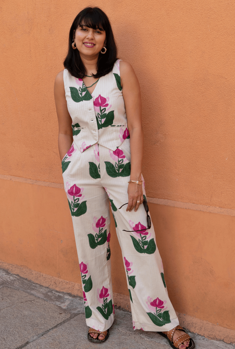 White/Pink Floral Handloom Cotton Waistcoat