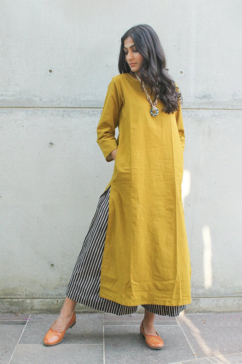 Mustard Kurta and Striped Culottes Cotton Co-ord Set