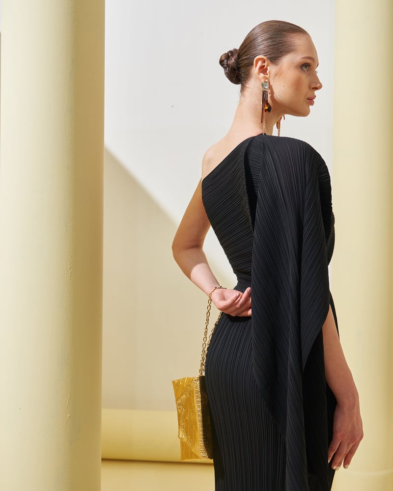 Black One-Shoulder Pleated Midi Dress with Drape Detail