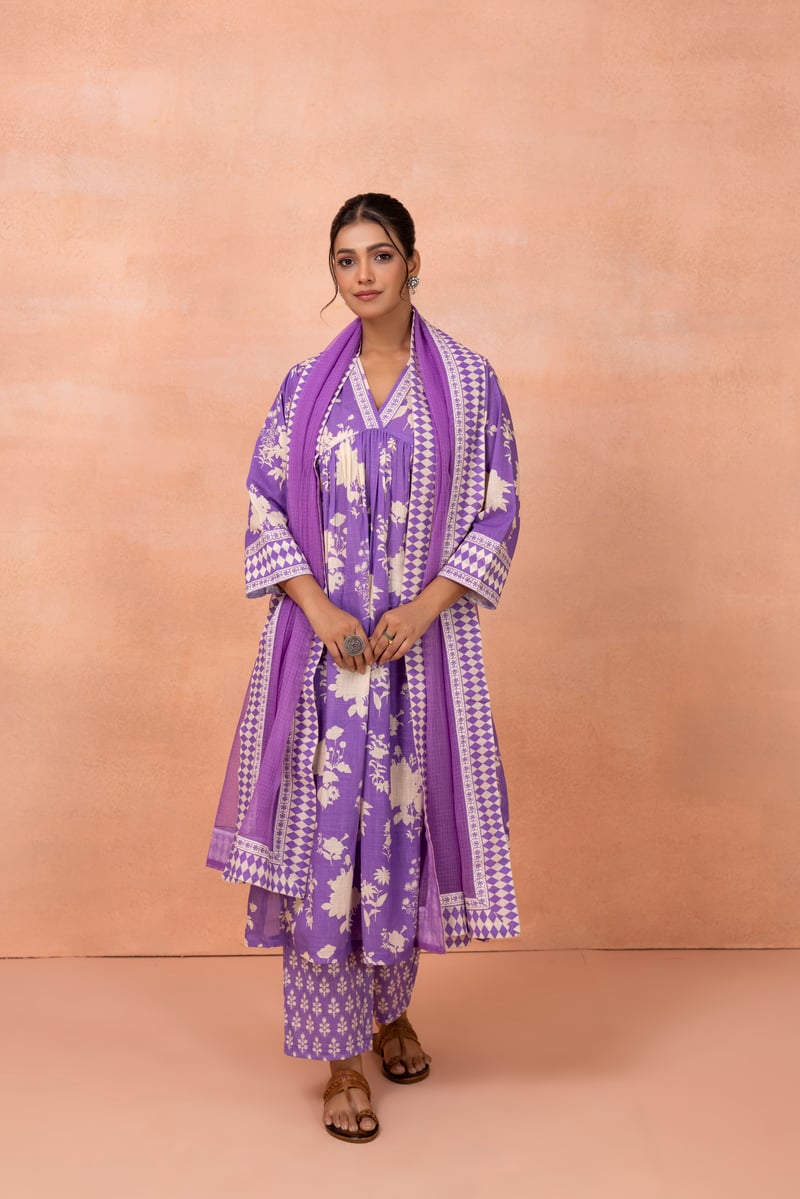 Purple Floral Printed Cotton Kurta Set with Dupatta