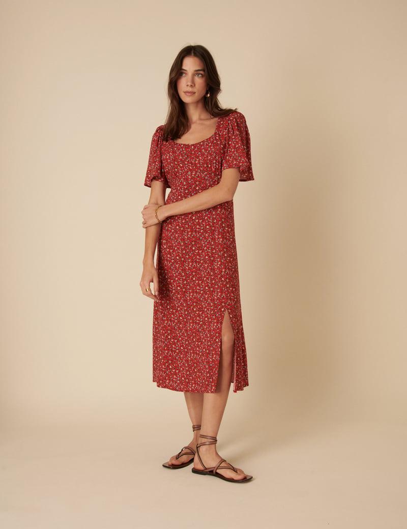 Red Ditsy Floral Scoop Neck Midi Dress with Slit