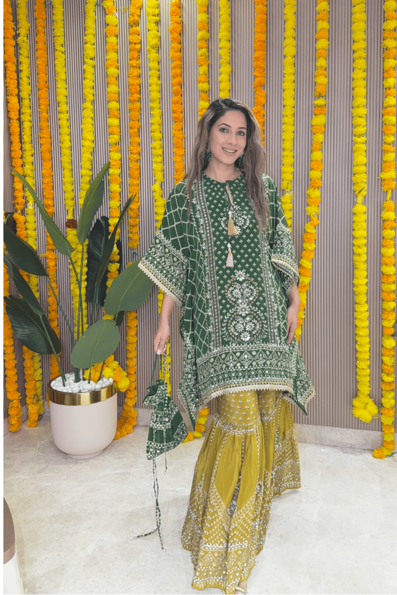 Green Kaftan and Mustard Gharara Co-ord Set