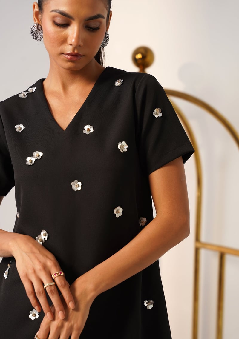 Black V-Neck Shift Dress with Floral Applique