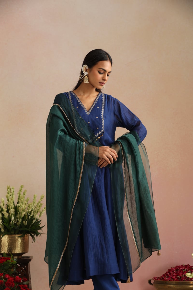 Royal Blue Silk Chanderi Embroidered Kurta Set