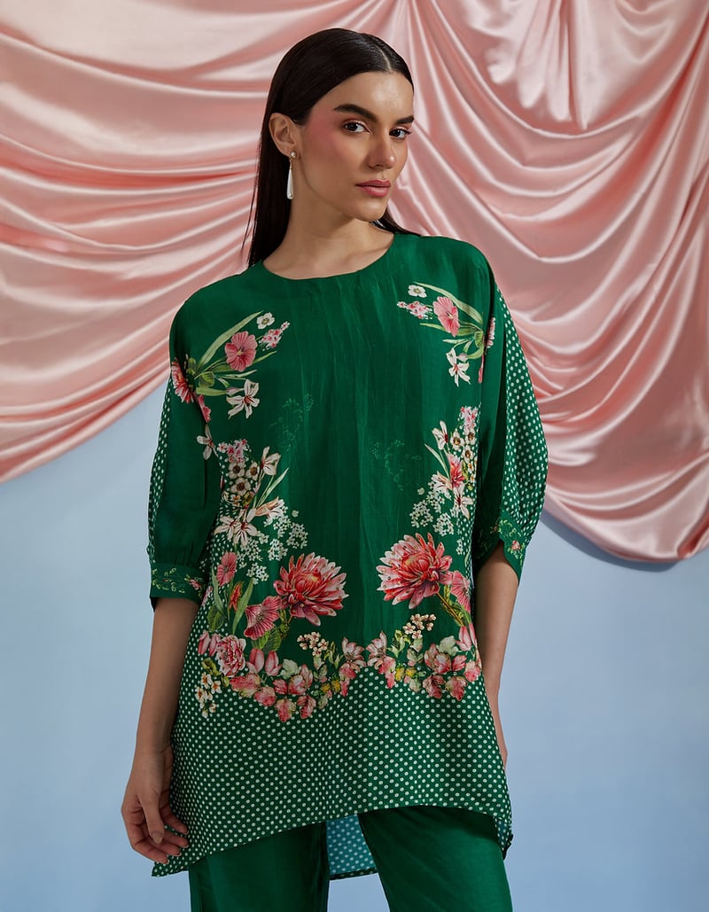 Forest Green Floral Print Kurta and Pant Co-ord Set