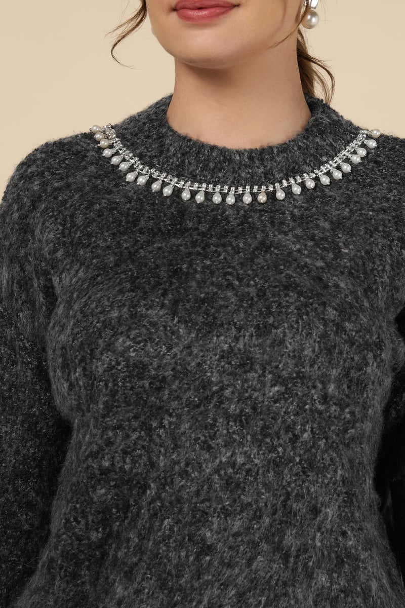 Grey Pearl-Embellished Neck Pullover Sweater