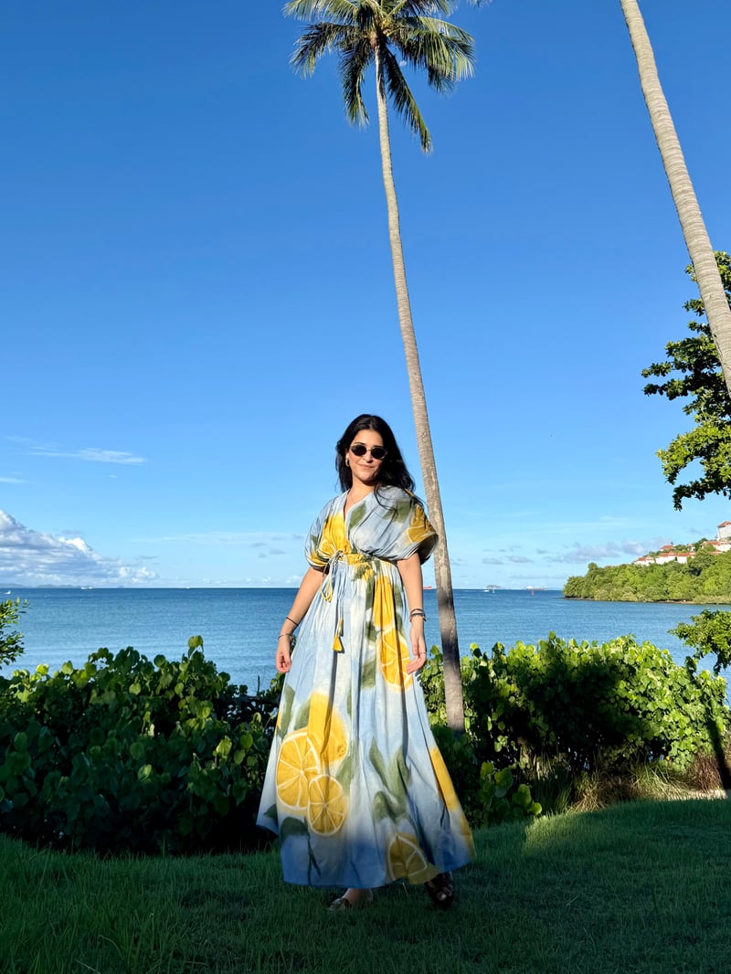 Blue Citrus Print Cotton Poplin Midi Dress with Waist Tie