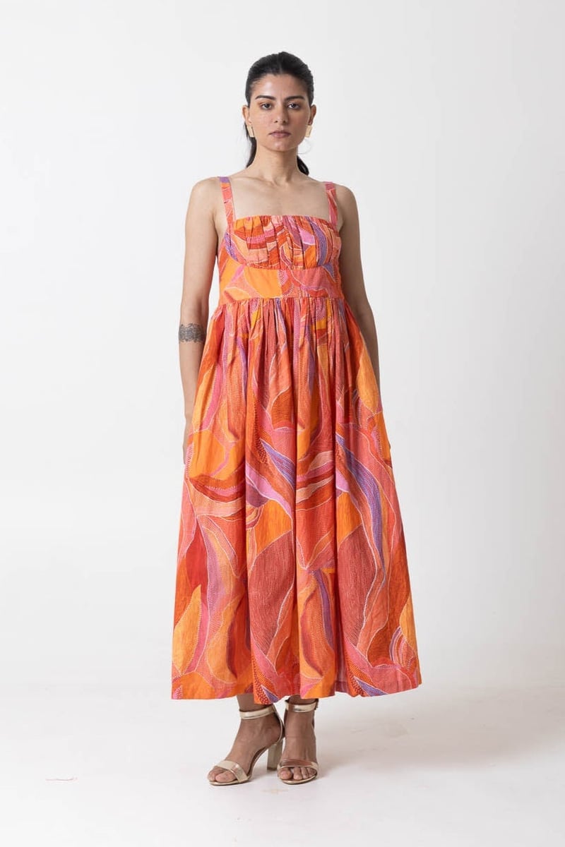 Orange/Multicolor Abstract Print Fit and Flare Midi Dress