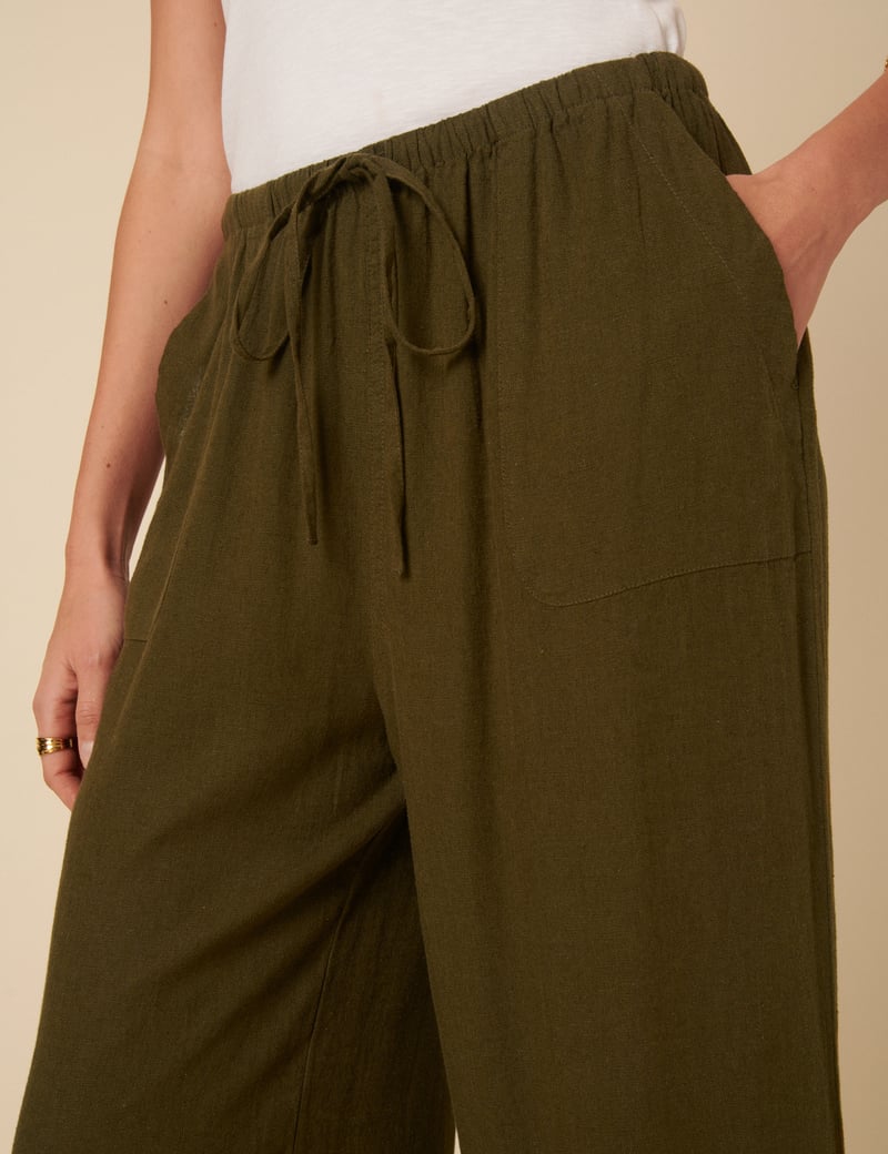 Olive Green Wide-Leg Drawstring Trousers with Patch Pockets