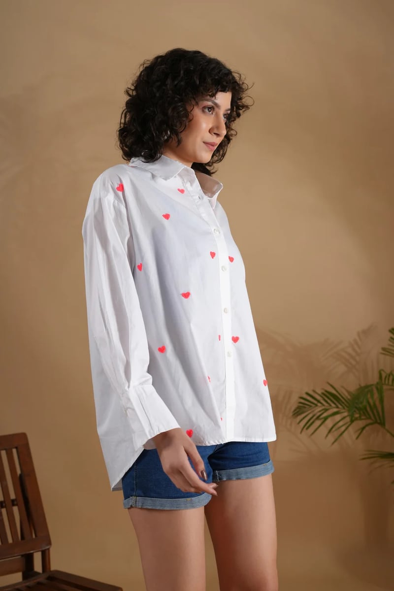 White Oversized Heart Embroidered Button-Down Shirt