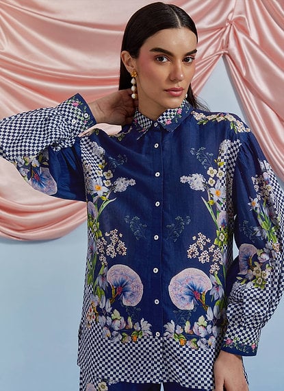 Airforce Blue Floral Shirt and Wide-Leg Co-ord Set