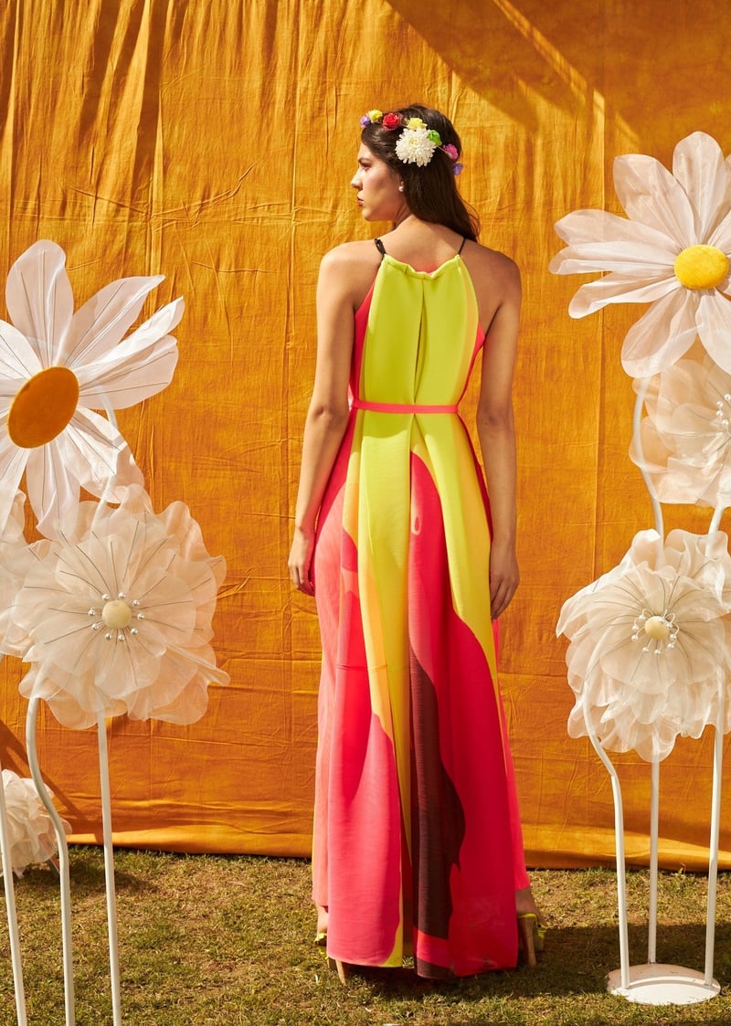 Fluorescent Halter Neck Colorblock Pleated Maxi Dress