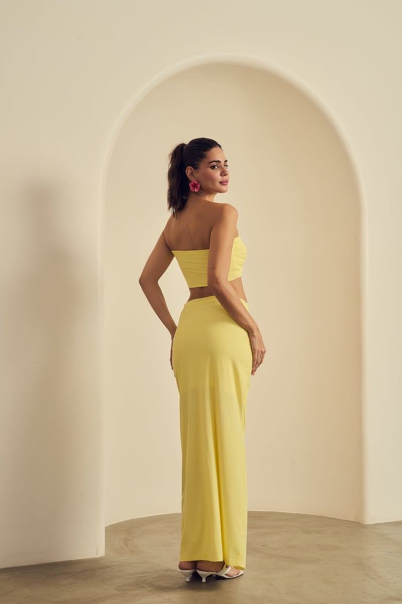 Yellow Ruched Ruffle Maxi Skirt with Front Slit