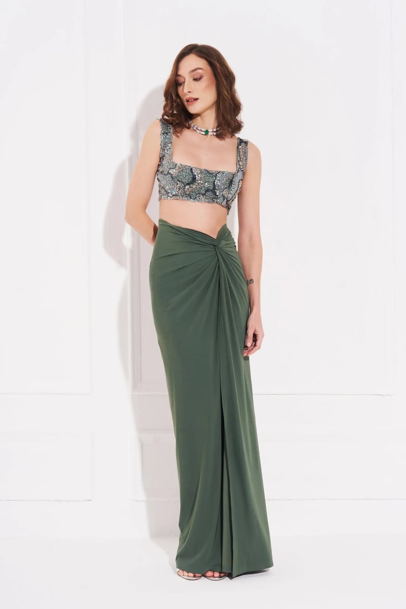 Teal Green Draped Side-Knot Maxi Skirt