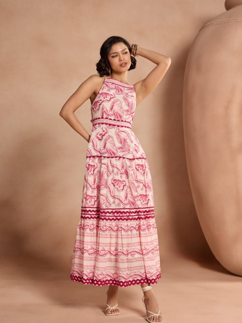 Pink Printed Halter Neck Tiered Maxi Dress