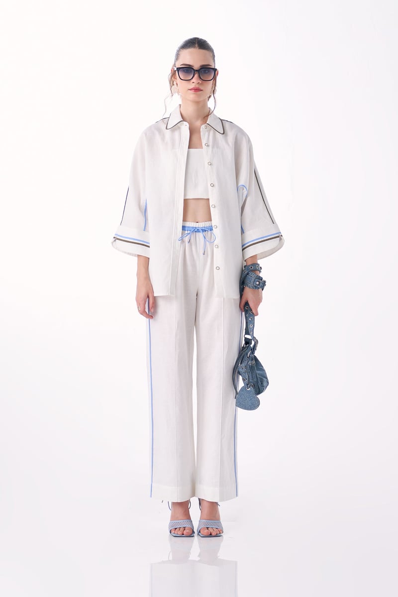 White Cotton-Linen 3-Piece Co-ord Set with Bralette
