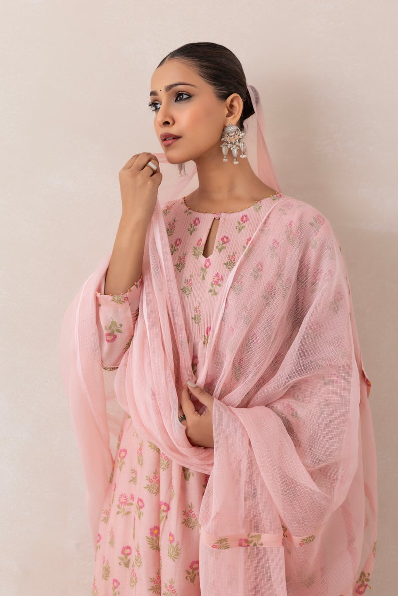 Powder Pink Floral Printed Kurta Set with Dupatta