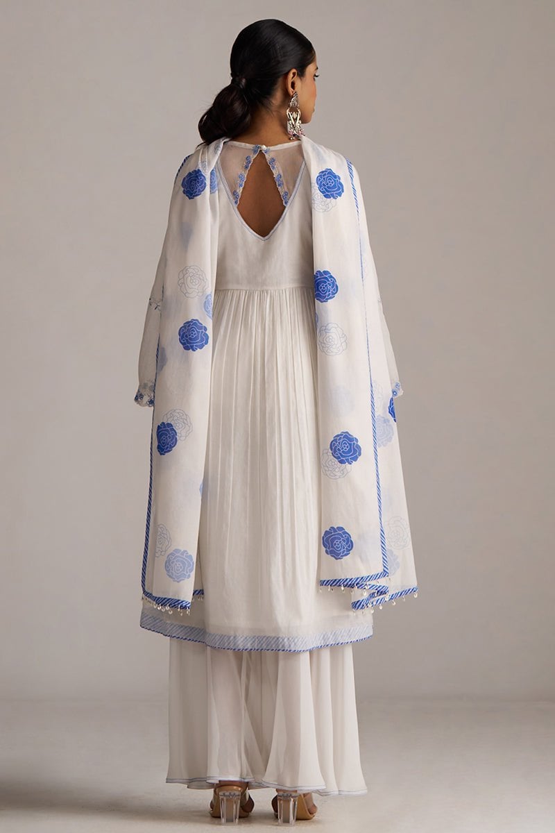 Marshmellow and Cobalt Blue A-Line Chanderi Kurta Set