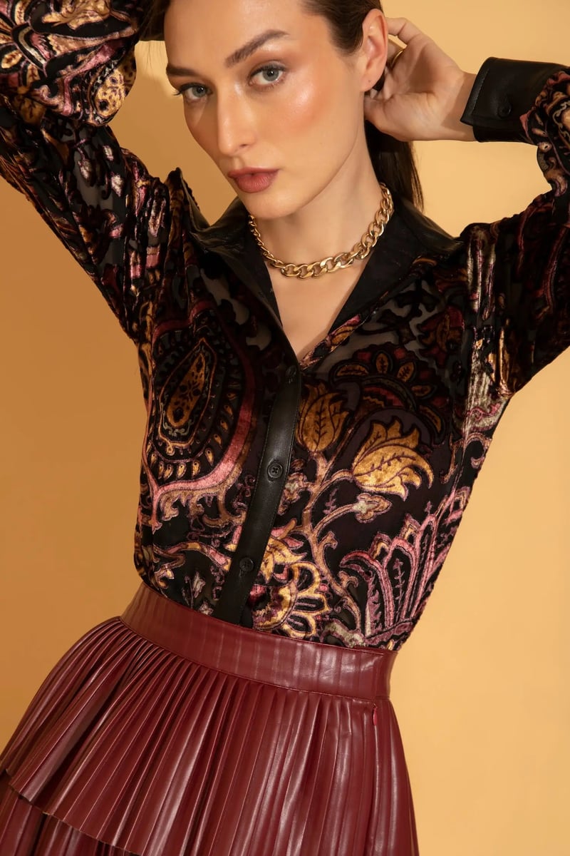 Black Printed Velvet Brasso Shirt with Contrast Trim