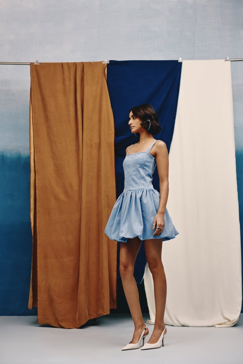 Light Wash Blue Denim Corset Bubble Mini Dress
