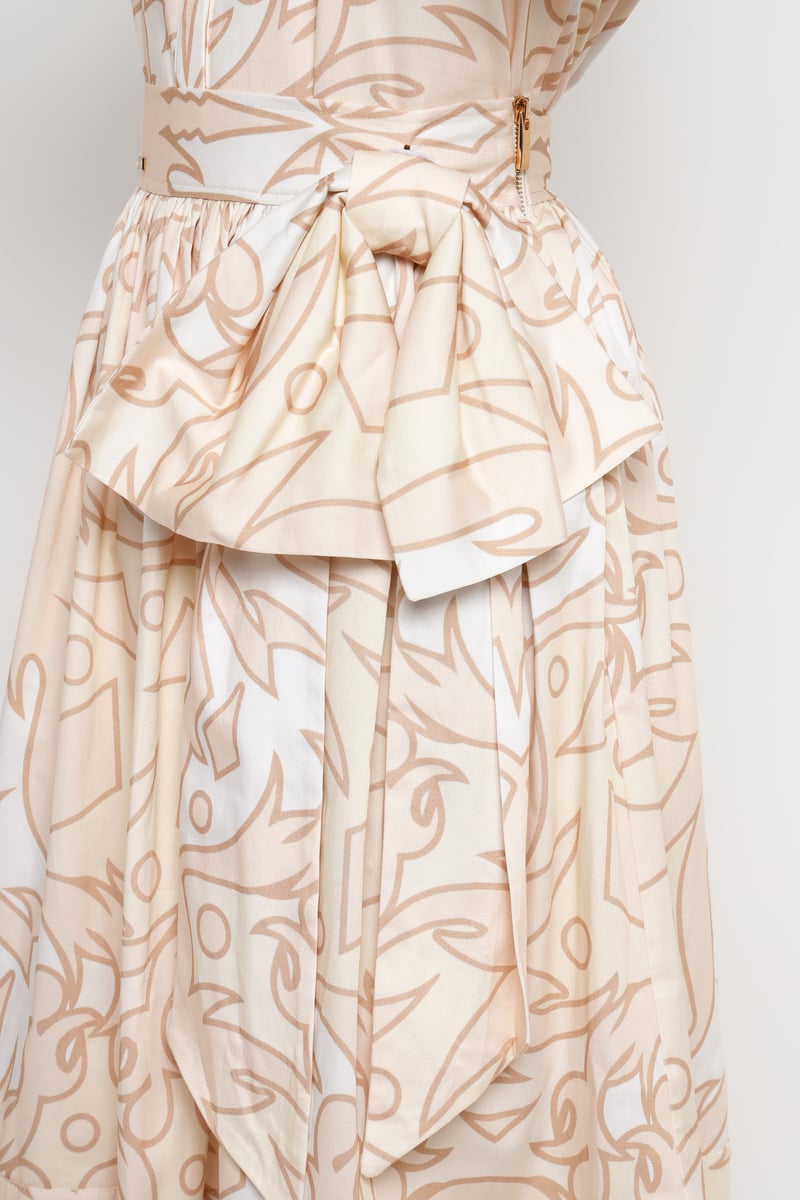 Beige Abstract Geometric Print High-Waist Midi Skirt