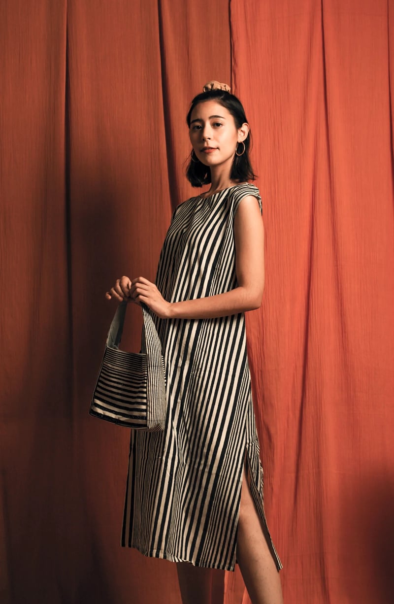 Black and White Striped Cotton Midi Dress