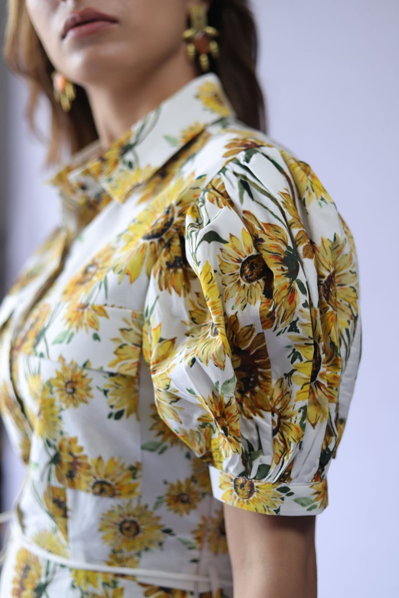 White Sunflower Print Poplin Shirt Dress with Tie Belt