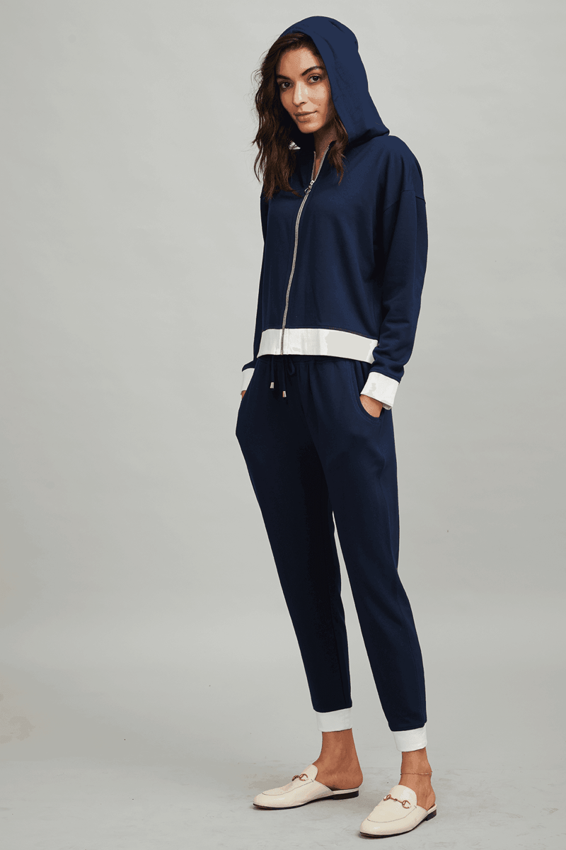 Navy and White Zip-Up Hoodie with Hood