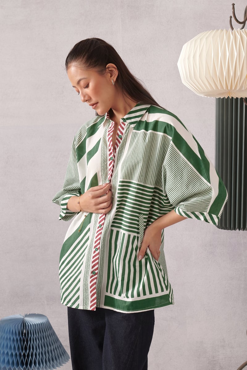 Green and White Striped Relaxed Cotton Shirt