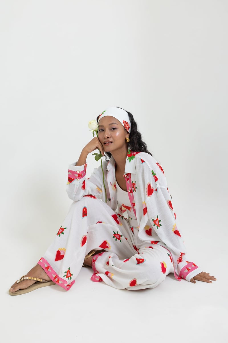 White Heart Print Straight-Leg Trousers with Contrast Hem