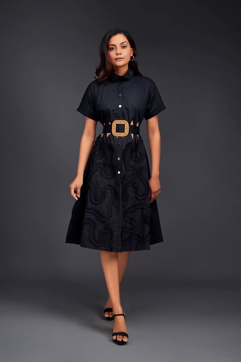 Black Midi Shirt Dress with Belt and Waist Cut-Outs