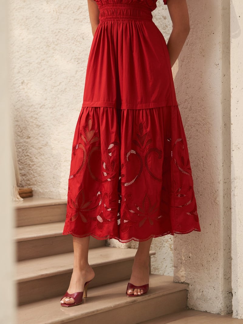 Red Cutwork Tiered Maxi Dress with Smocked Waist