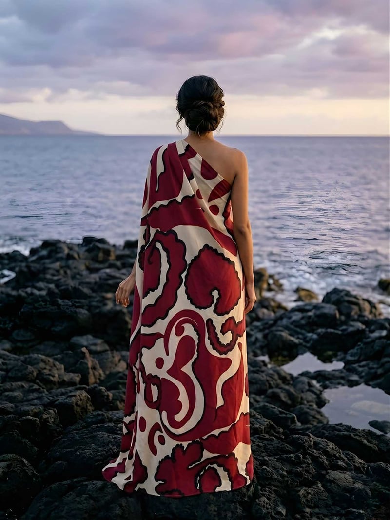 Maroon Abstract Print One-Shoulder Maxi Kaftan Dress