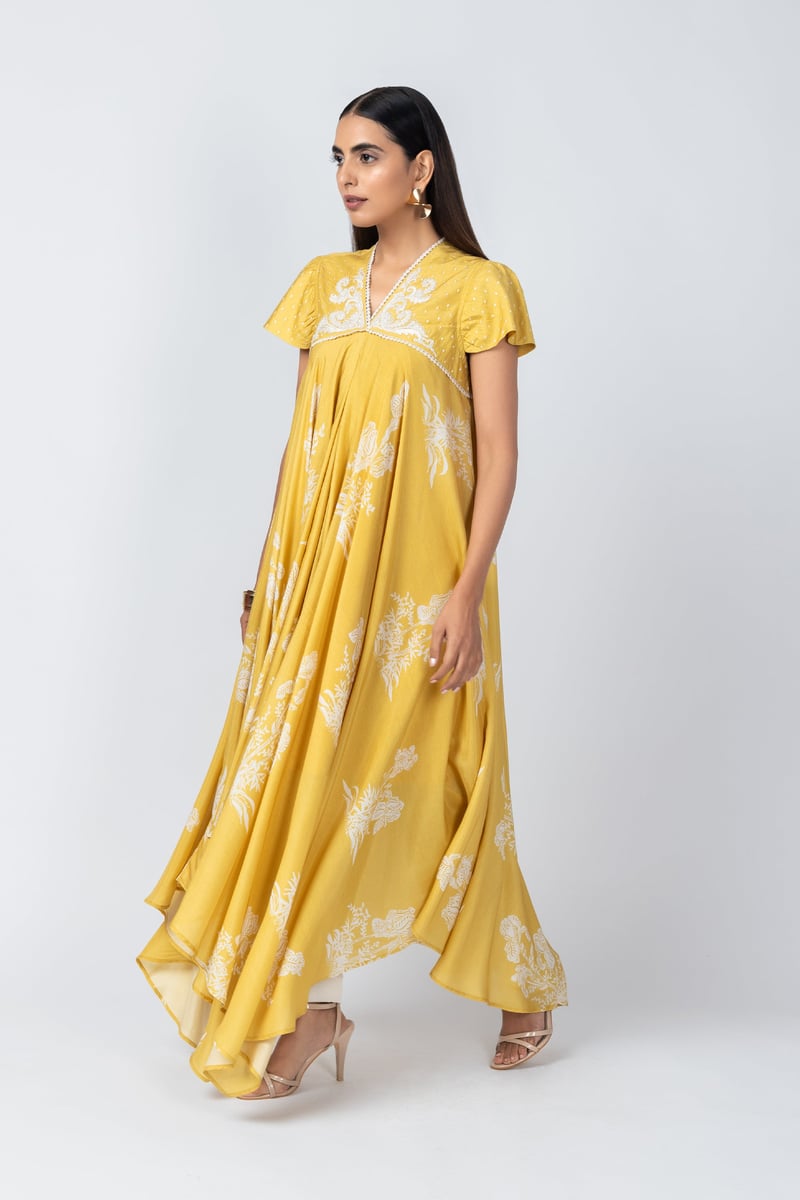 Yellow Floral Printed Asymmetrical Kurta Set with Straight Pants