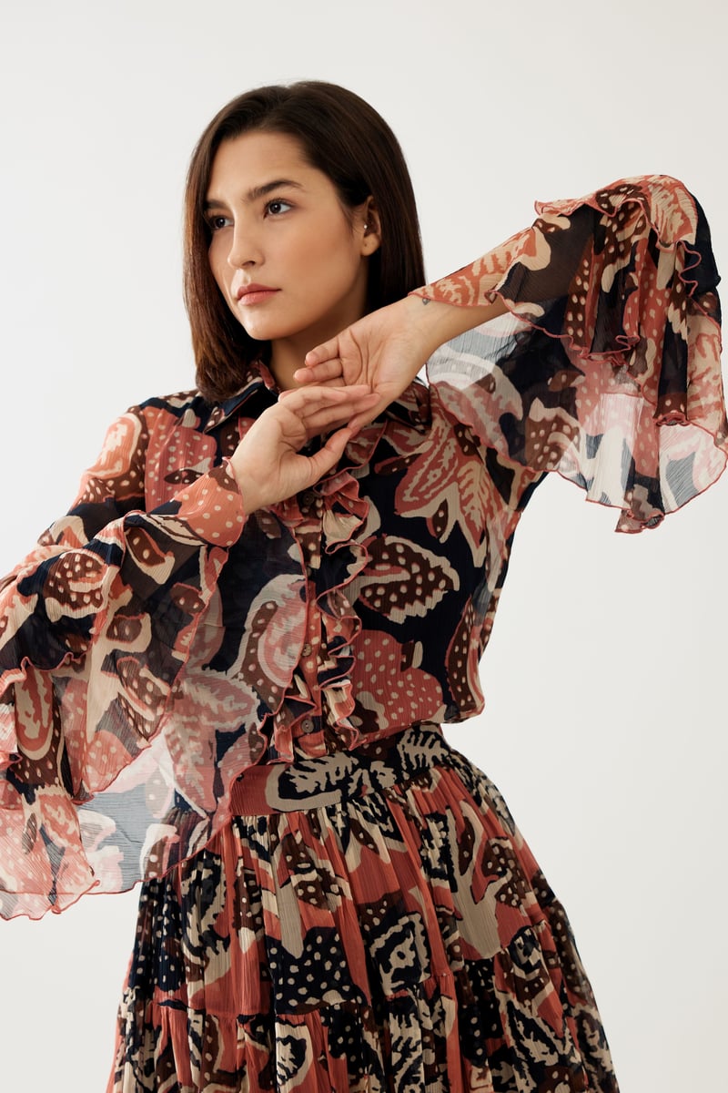 Dark Blue And Pink Floral Frill Top