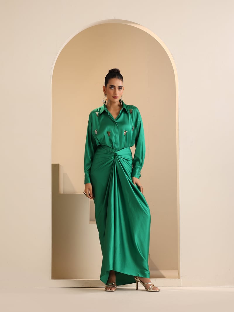 Green Satin Shirt and Wrap Dhoti Skirt Co-ord Set