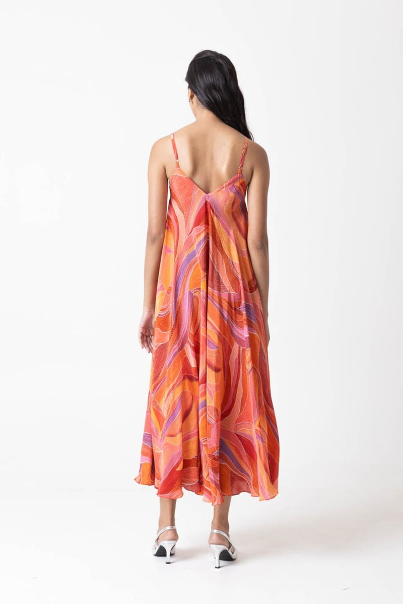 Orange/Multicolor Printed Strappy A-Line Midi Dress