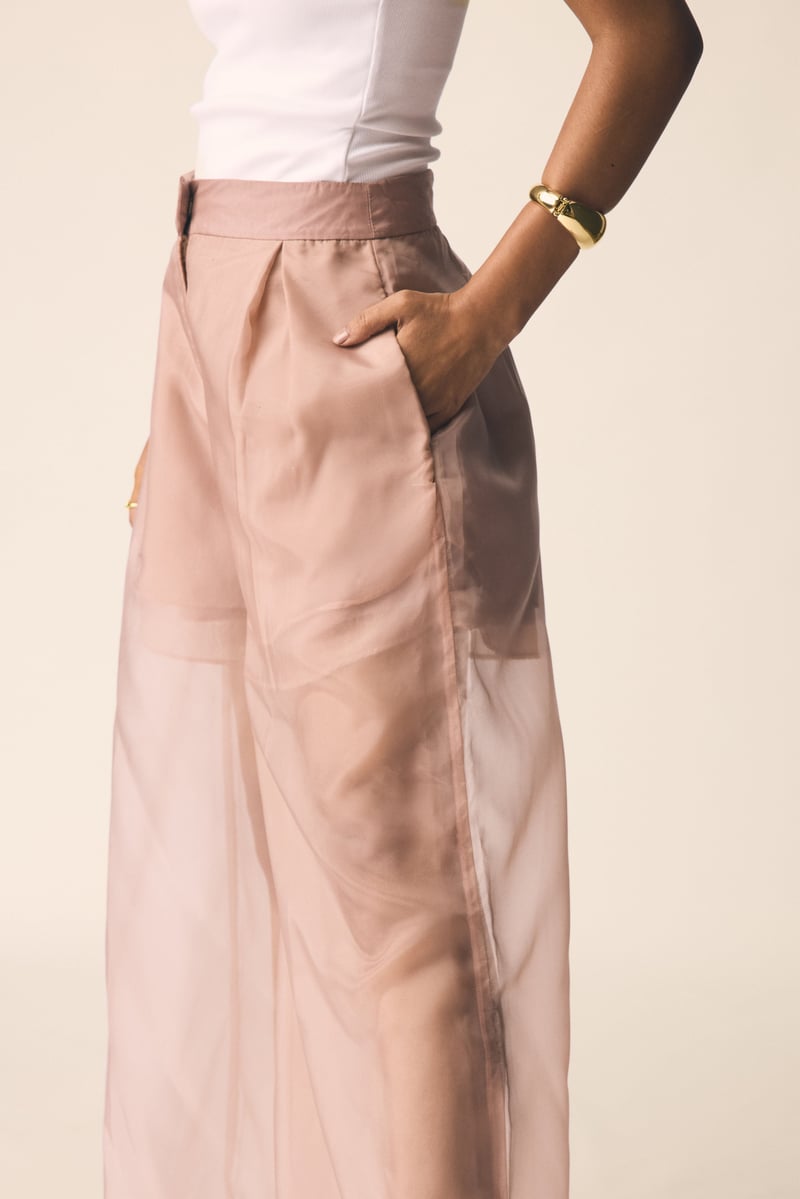 Pink Organza Sheer Layered Wide-Leg Trousers