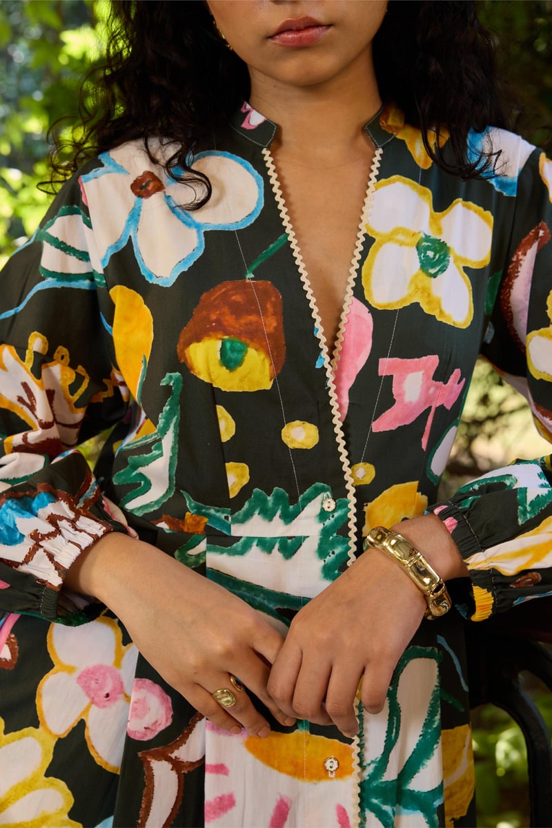 Deep Green Tropical Floral Button-Front Midi Dress