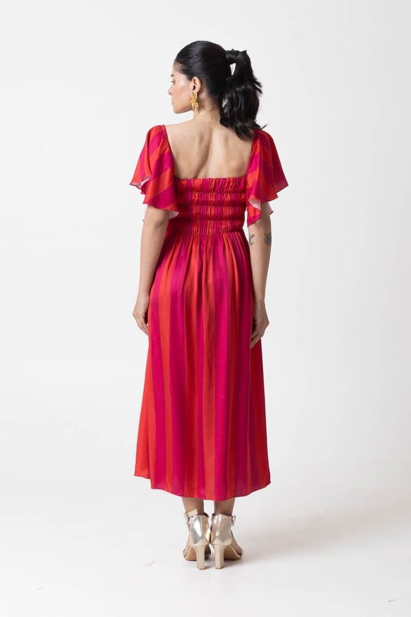 Pink Orange Striped Smocked Fit and Flare Midi Dress