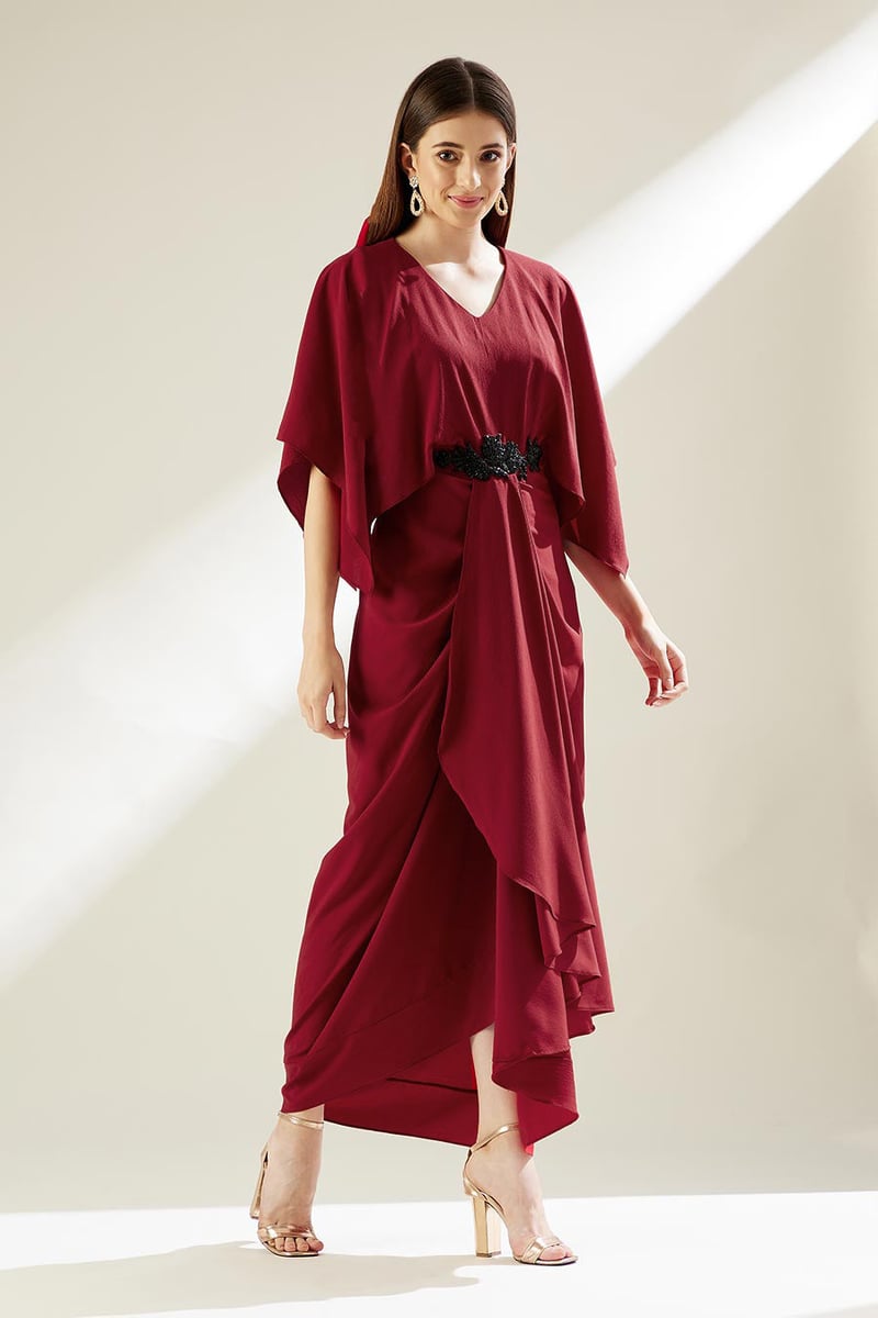 Red Draped Maxi Dress with Cape Sleeves