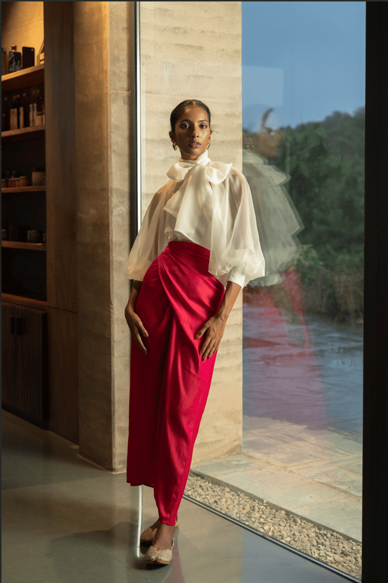 Raspberry Pink Glossy Midi Wrap Skirt with Back Tie-Up